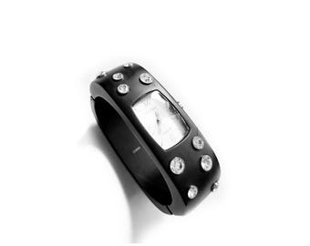 Vtg Betsy Johnson Swarvoski Watch Hinged Cuff Bracelet for  display picture 2