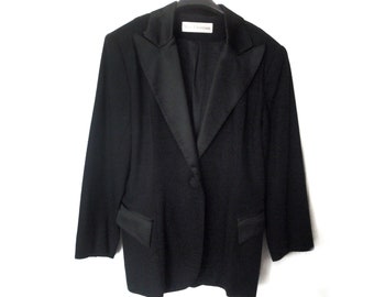 Ladies Tuxedo Jacket by Marc Christiani, Great Vintage Designer Womens Black Wool Statin Formal Tuxedo Blazer Evening Wear Runway Event