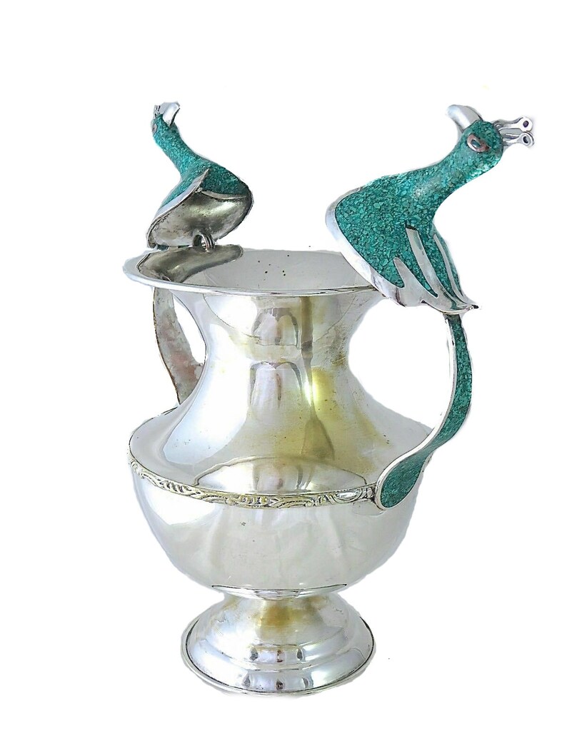LARGE Silver Vase Turquoise Bird Handles Spittoon Shaped 12 Etsy
