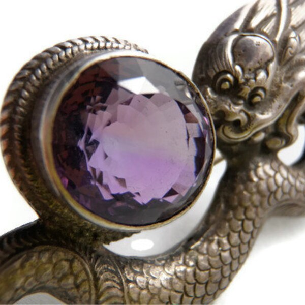 Sterling Silver Amethyst Brooch, Lucky Dragon Pin, Purple Gemstone, February Birthstone Sg'd Siam Sterling Brooch