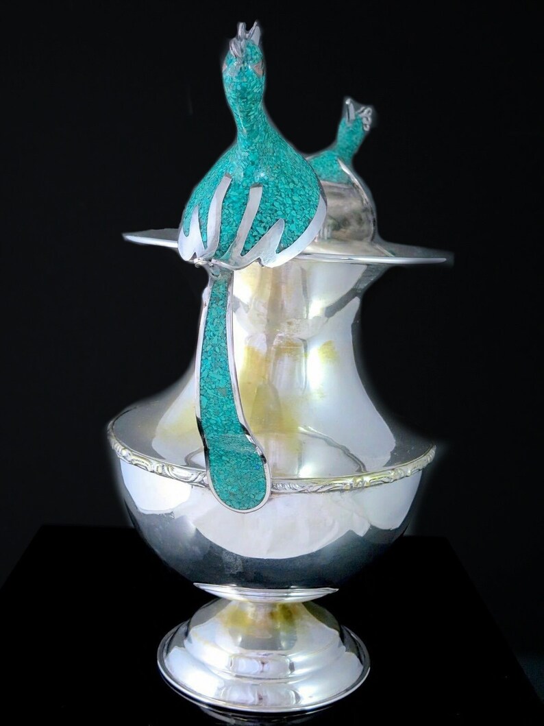 LARGE Silver Vase Turquoise Bird Handles Spittoon Shaped 12 Etsy