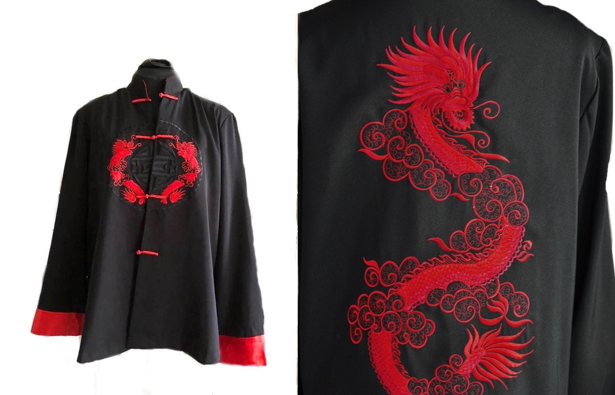 Vintage Silk Asian Dragon Jacket Bold Unisex Silk and Scarlet Red 