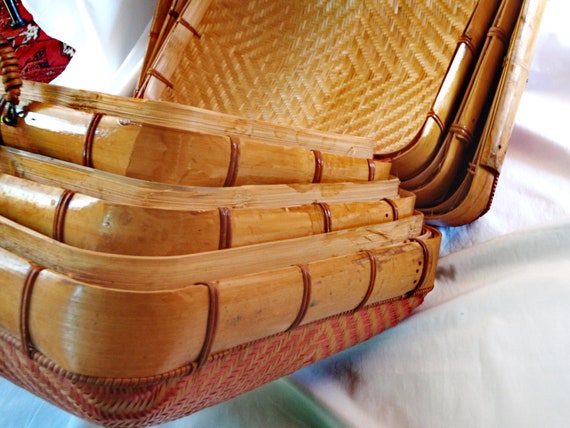 3 Vintage Wicker Bamboo Suitcases~Three Nesting S… - image 7