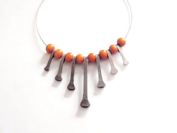 Mid Century Wood Metal Necklace on Hard Wire Chain