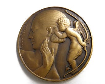 Art Deco  Bronze Cupid Medal Signed M. Dalannoy - Eros Cherubim Angel Whispering in Ladies Ear Signed 1920s Bronze Medallion