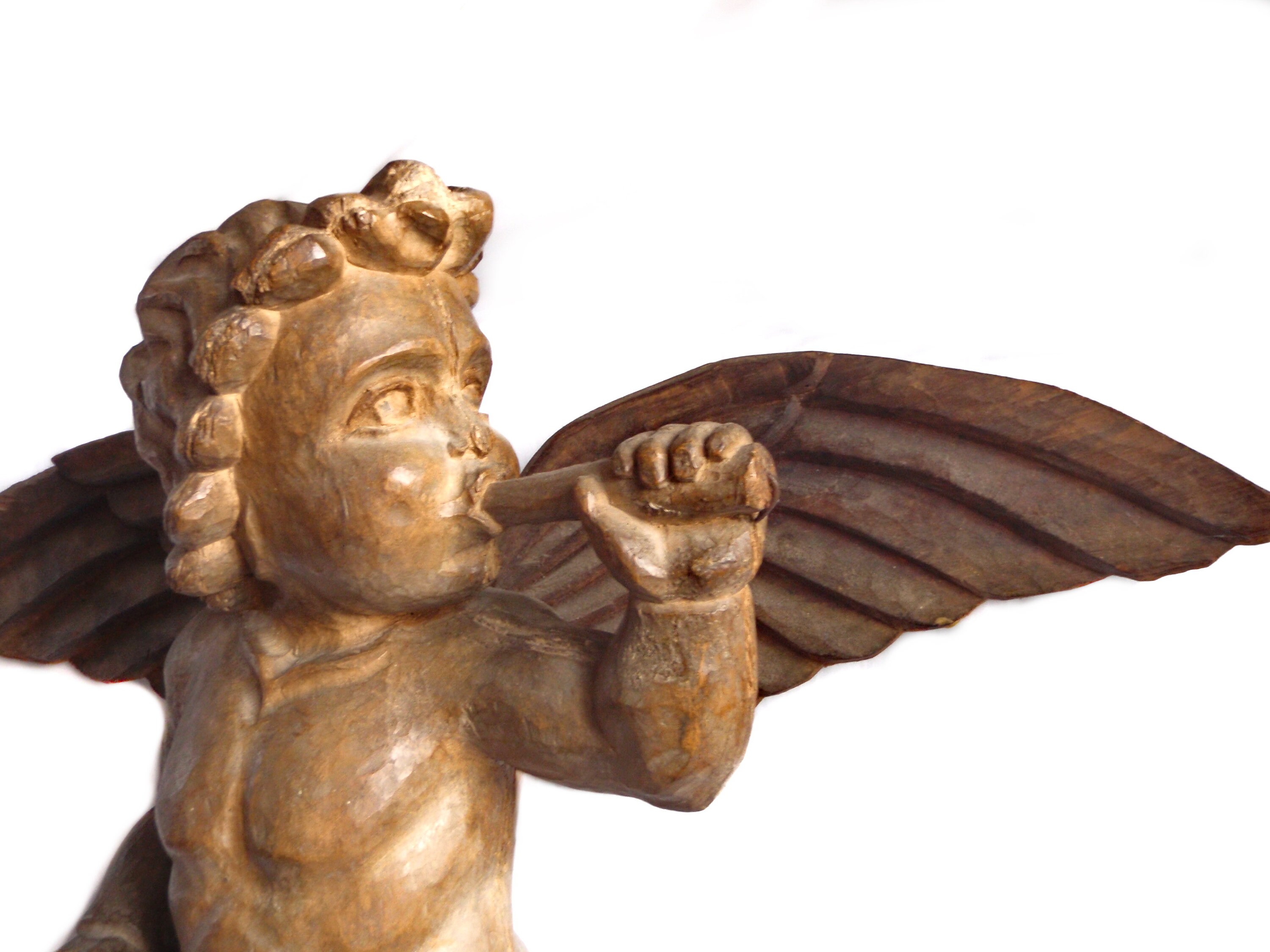 Antique Wooden Angel Statue 22 Inch Hand Carved Wood Gabriels Horn