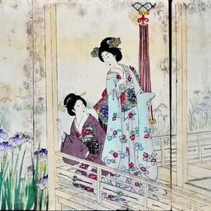 Japanese Court Ladies Woodblock by Toyohara Chikanobu/Hand Painted Ladies Inner Chiyoda Palace Meiji Empress Iris Garden Triptych Wall Art