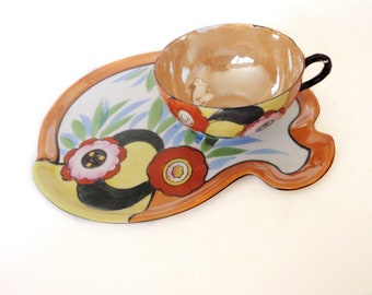 2 Art Deco Snack Sets with Extra Plates Japan 1930s Hand Painted Porcelain Snack Luncheon Set 2 Cups 5 Oversize Plates Teatime Hospitality