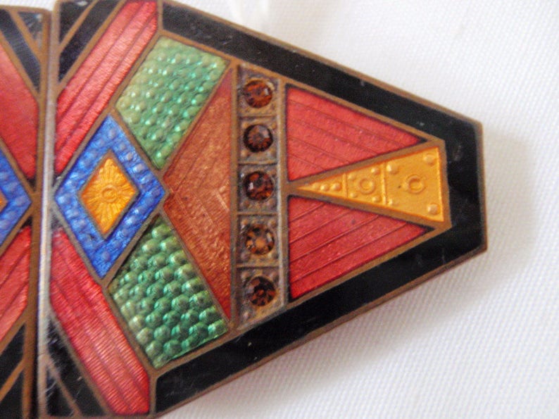 Art Deco Guilloche Enamel Belt Buckle 1920/'s Art Deco Multi Color Enamel Hat Band or Brooch Gift for Her