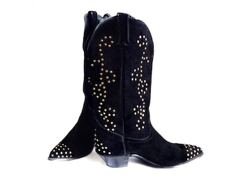 Black Suede Studded Womens Boots, Sexy Witchy Suede Black Boots High Fashion Southwest Cowgirl Ladies Vintage Fashion Boots 9 1/2M