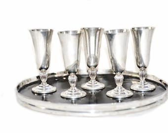 9 Pcs Reed Barton Sterling 8 Glasses + Tray/1930s Art Deco Sterling Silver Barware Cocktail Set Silver Wedding Anniversary Housewarming Gift