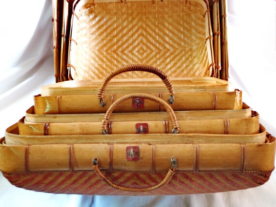 3 Vintage Wicker Bamboo Suitcases~Three Nesting S… - image 4