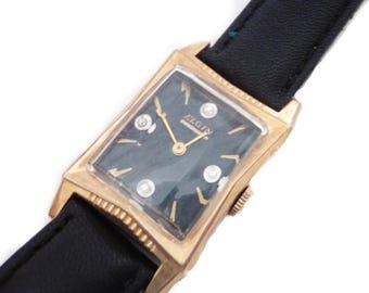 1940s Elgin Diamond Watch, RARE Elgin Fancy Gold Plated Dress Diamonds Watch, Unique Gift Idea for Men Him Groom Wedding Anniversary Gifts