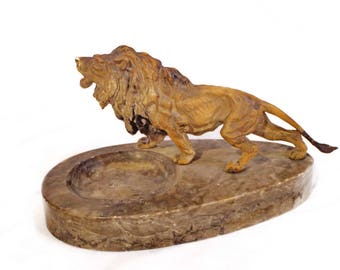 Art Deco Lion Pin Tray Dresser Dish~1930s Male Lion Statue on Marble Vanity Trinket or Jewelry Storage Display~ Living Dining Room Decor