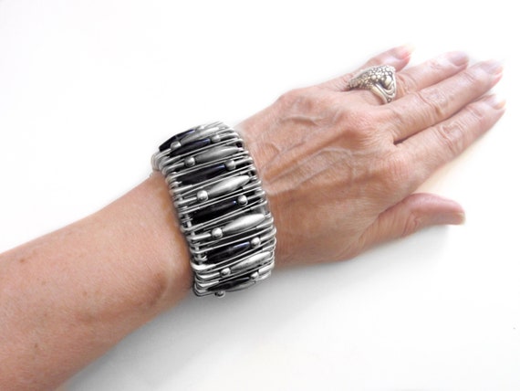 1980s Wide Safety Pin Bracelet Steel and Black Bea