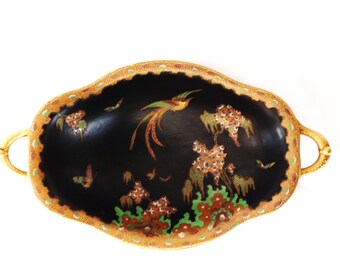 Carlton Ware Revo Paradise Bird Bowl~RARE 1925 Art Deco Carlton Stoke on Trent Black Ceramic Centerpiece Fruit Dish Bowl Curio Display