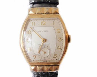 Benrus Watch 1930s Art Deco 10kt Two Tone Unisex Dress Watch Fancy Sculpted Hidden Lugs  Vintage Wristwatch Gifts for Groom Wedding Dad Him