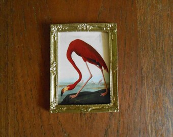 Miniature Audubon American Flamingo print in gold metal frame