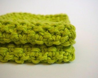 hand knit plushy cotton washcloth in bright lime green