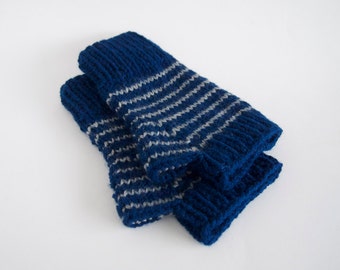 vegan fingerless mittens-- the condyle wristwarmers in blue and silver