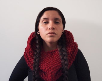 hand knit chunky textured hood cowl-- the teres in cranberry