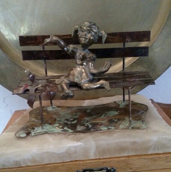 Vintage Brass Child And Bird Sitting On Park Bench With Copper Etsy