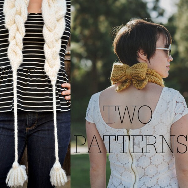 TWO KNITTING PATTERNS Holla Knits Cabled Scarf Kerchief Cowl Bow Collection