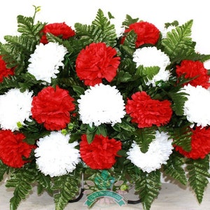 XL Handcrafted Red And White Carnations Cemetery Flower Arrangement-Artificial Flowers for Gravesite-Cemetery Headstone Saddle