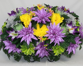 XL Handcrafted Spring Mixture Cemetery Flower Arrangement-Artificial Flowers for Gravesite-Cemetery Headstone Saddle