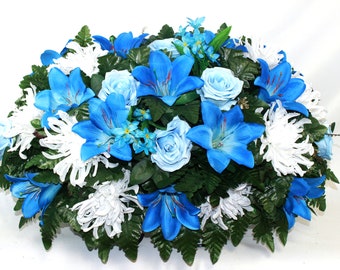 XL Handcrafted  Blue Lilies, White Spider Mums Cemeteryvase Flower Arrangement-Artificial Flowers for Gravesite