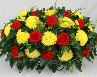 XL Handcrafted Yellow Carnations and Red Roses Cemetery Vase Flower Arrangement-Artificial Flowers for Gravesite