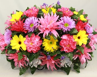 XL Handcrafted Spring Mixture Cemetery Flower Arrangement-Cemetery Headstone Saddle