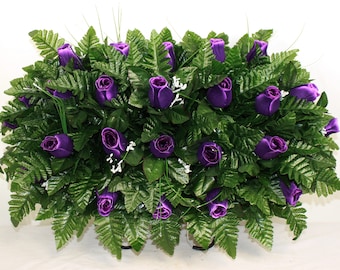 XL Handcrafted Purple Closed Roses Cemetery Flower Arrangement -Cemetery Headstone Saddle-Grave Decorations