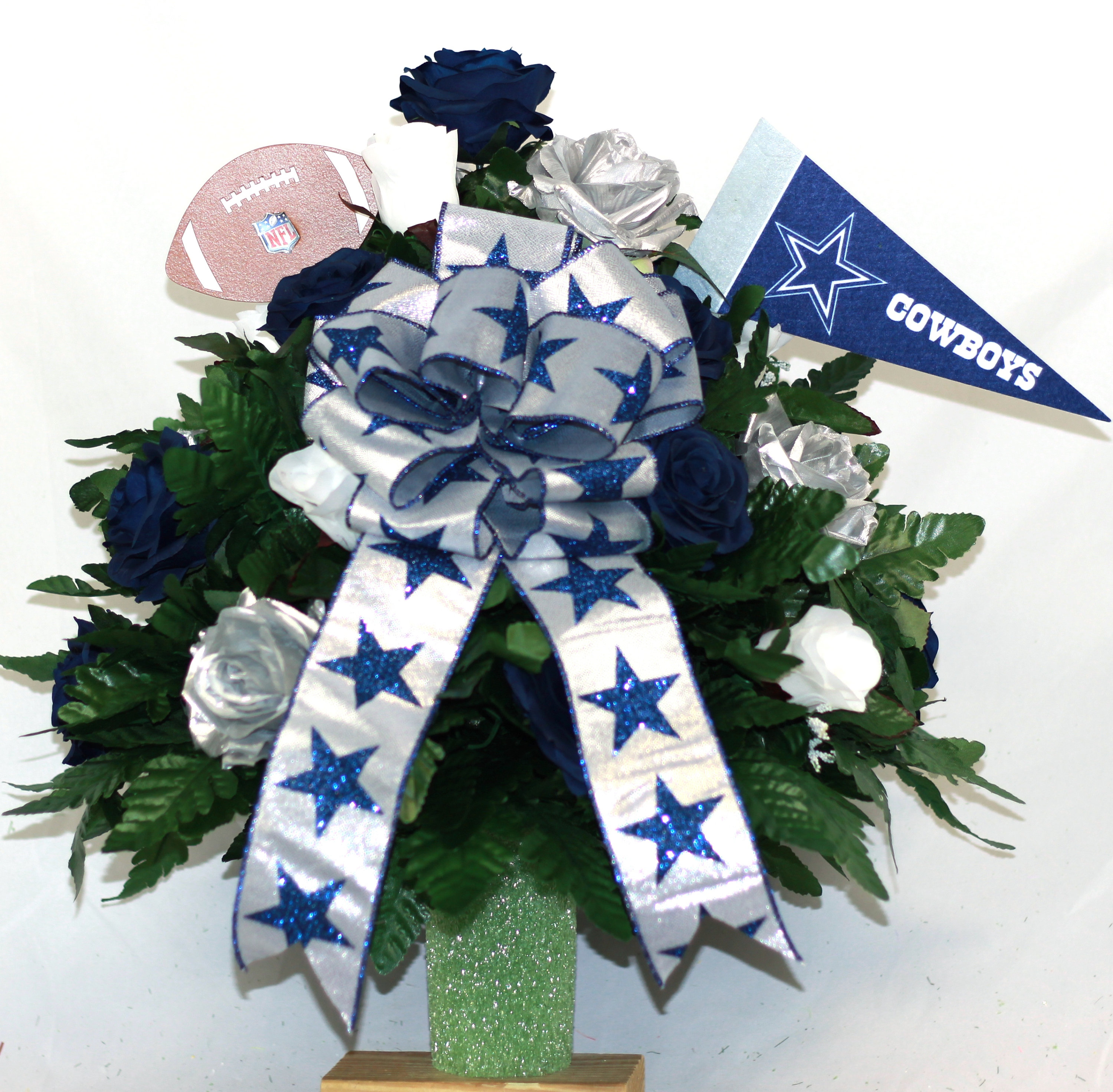 Handmade XL Cowboys Fan Cemetery Vase Arrangement Artificial