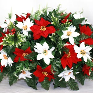 XL Christmas Red and White Poinsettia Cemetery Saddle Arrangement- Beautiful Cemetery Flowers for Remembrance