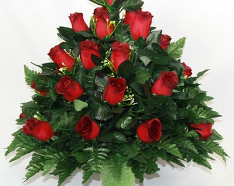 XL Fall Red Closed Rose Cemetery Flower Arrangement- 360 Degree Cemetery Vase