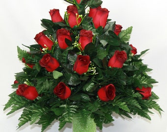 XL Red Closed Rose Cemetery Flower Arrangement- 360 Degree Cemetery Vase