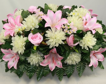 XL Handcrafted Pink Trumpet Lilies and With Pink Roses Cemetery Flower Arrangement-Cemetery Headstone Saddle