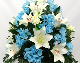 XL Handmade 360 Degree Cream Lilies and Blue Hydrangea Cemetery Vase Flower Arrangement- Cemetery Flower Grave Decorations