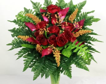 Handcrafted Burgundy Roses with Burgundy Calla Lilies Cemetery Flower Arrangement for Mausoleum-Grave Decoration-Urn Arrangement