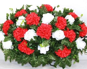 XL Handcrafted Cemetery FlowerArrangement with Red Carnations and White Roses-Cemetery Headstone Saddle