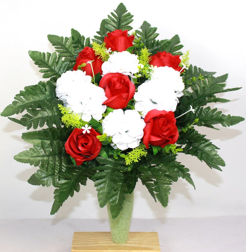 Red Roses White Carnations Cemetery Arrangement For Mausoleum Etsy