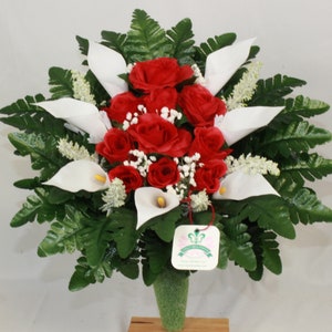 Handcrafted Red & White Roses Cemetery Arrangement: Mausoleum Grave Decoration