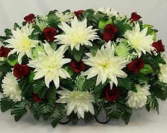 XL Handcrafted Cream Spring Flowers and With Burgundy Roses Cemetery Flower Arrangement-Cemetery Headstone Saddle