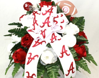 XL Handmade Crimson Tide Fan 360 Degree Cemetery Vase Flower Arrangement-Memorial Flowers- Grave Decorations