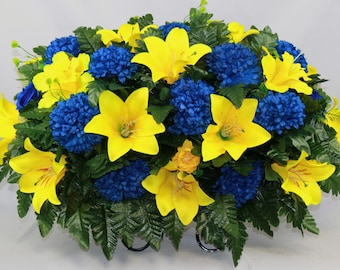 XL Handcrafted Yellow Lilies and Blue Carnations Cemetery Flower Arrangement-Artificial Flowers for Gravesite-Cemetery Headstone Saddle