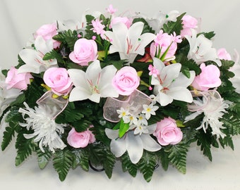 XL Handcrafted White Trumpet Lilies and With Pink Roses Cemetery Flower Arrangement-Cemetery Headstone Saddle