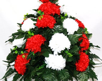 XL Red and White Carnations Cemetery Flower Arrangement- 360 Degree Cemetery Vase