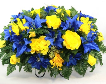 XL Handcrafted Blue Lilies and Yellow Roses Cemetery Flower Arrangement-Artificial Flowers for Gravesite-Cemetery Headstone Saddle