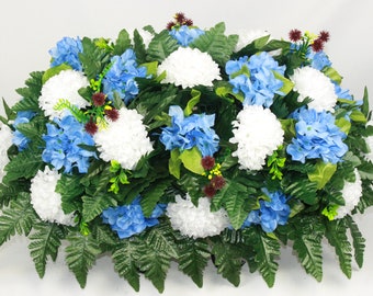 XL Handcrafted White Carnations and Blue Hydrangea Cemetery Flower Arrangement-Artificial Flowers for Gravesite-Cemetery Headstone Saddle